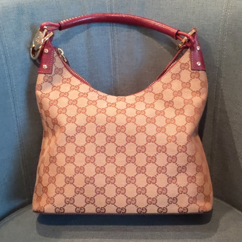 Authentic Gucci Handbag Khaki Burgundy Leather